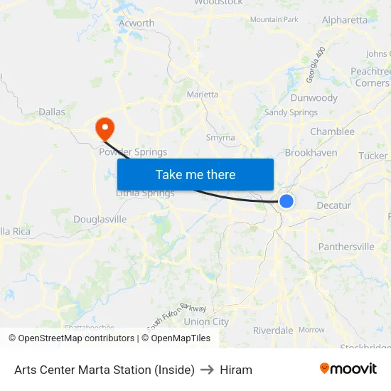Arts Center Marta Station (Inside) to Hiram map