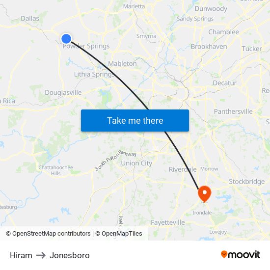 Hiram to Jonesboro map