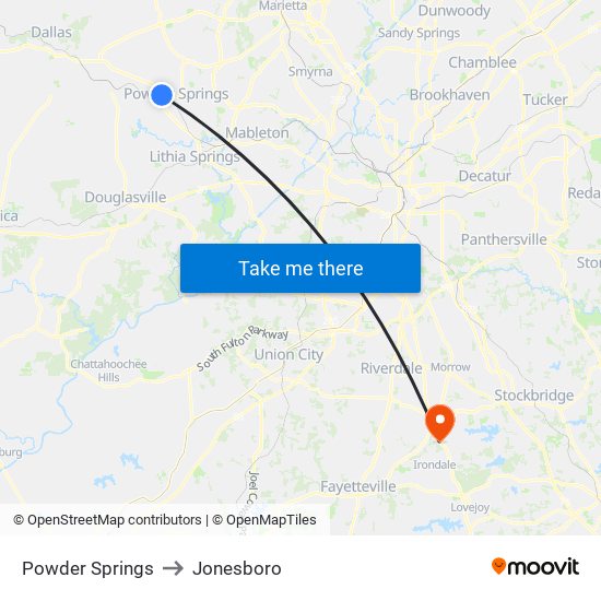 Powder Springs to Jonesboro map