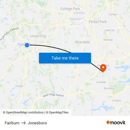 Fairburn to Jonesboro map