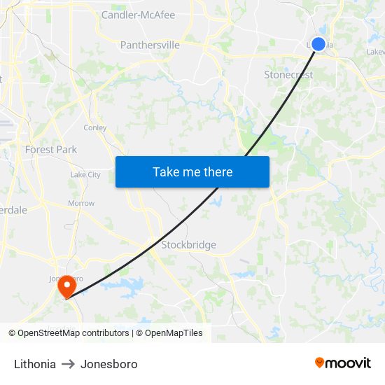 Lithonia to Jonesboro map