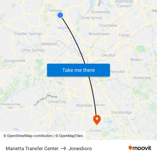 Marietta Transfer Center to Jonesboro map