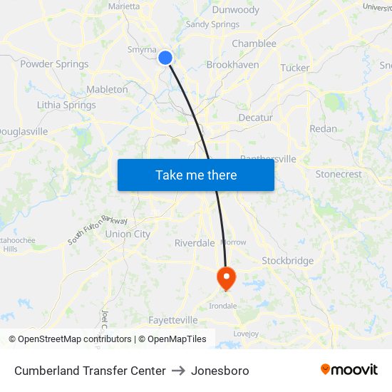 Cumberland Transfer Center to Jonesboro map