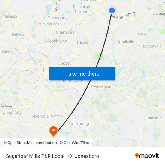 Sugarloaf Mills P&R Local to Jonesboro map