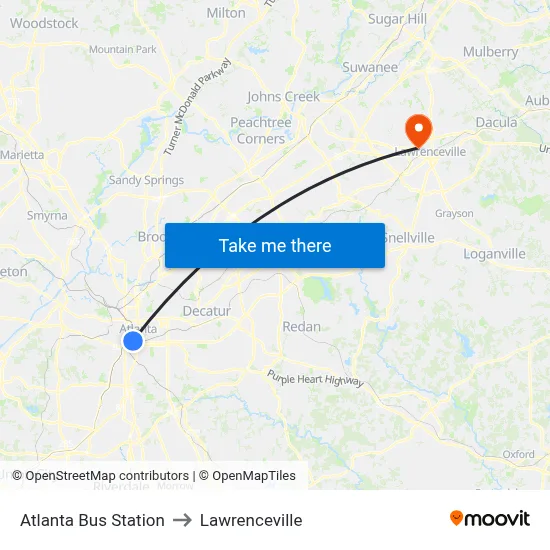 Atlanta Bus Station to Lawrenceville map