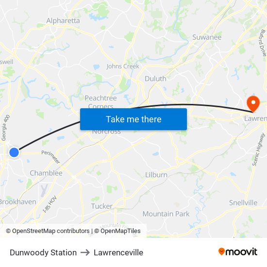 Dunwoody Station to Lawrenceville map