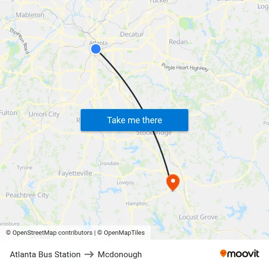 Atlanta Bus Station to Mcdonough map