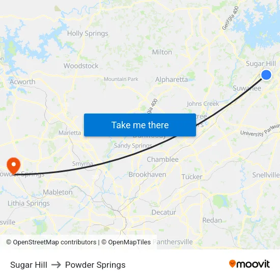 Sugar Hill to Powder Springs map