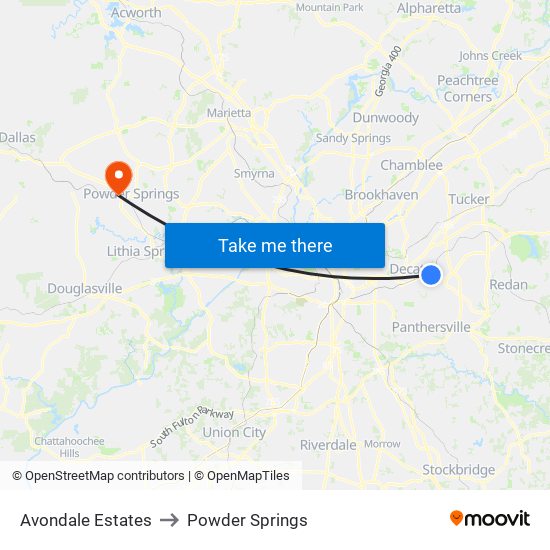 Avondale Estates to Powder Springs map