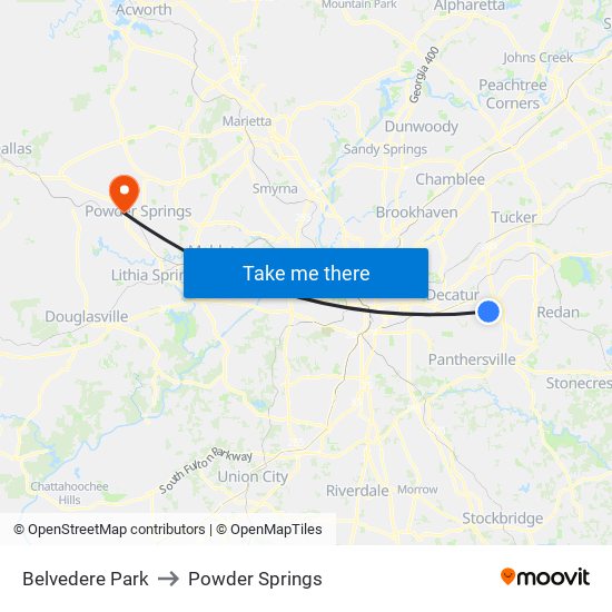 Belvedere Park to Powder Springs map