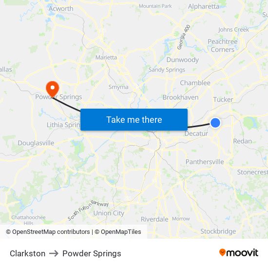 Clarkston to Powder Springs map