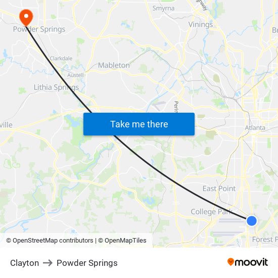 Clayton to Powder Springs map