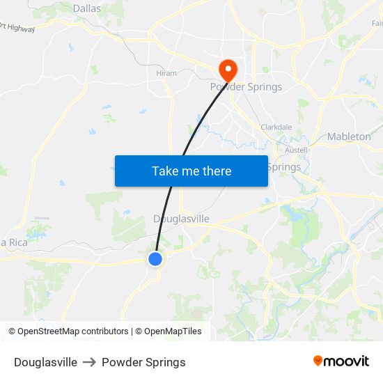 Douglasville to Powder Springs map