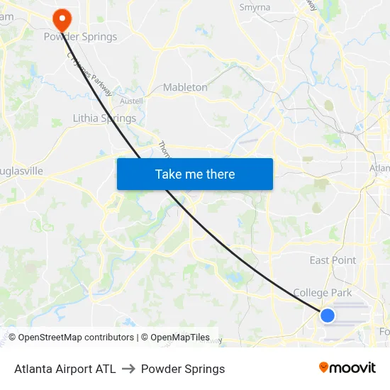Atlanta Airport ATL to Powder Springs map