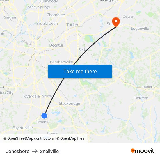 Jonesboro to Snellville map