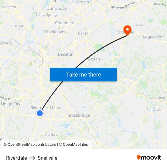 Riverdale to Snellville map