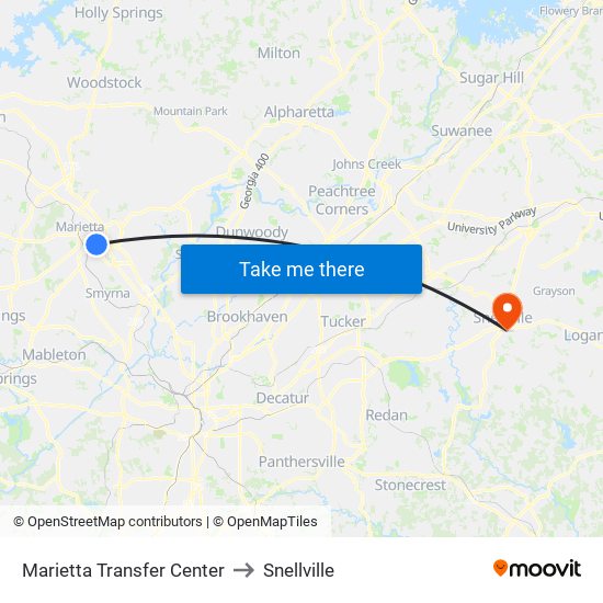 Marietta Transfer Center to Snellville map