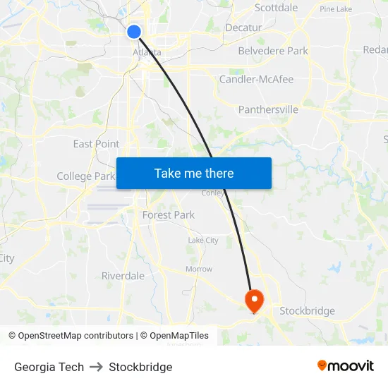 Georgia Tech to Stockbridge map