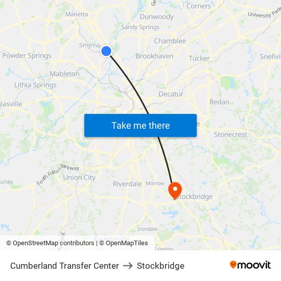 Cumberland Transfer Center to Stockbridge map