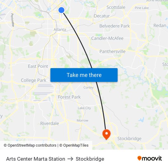 Arts Center Marta Station to Stockbridge map