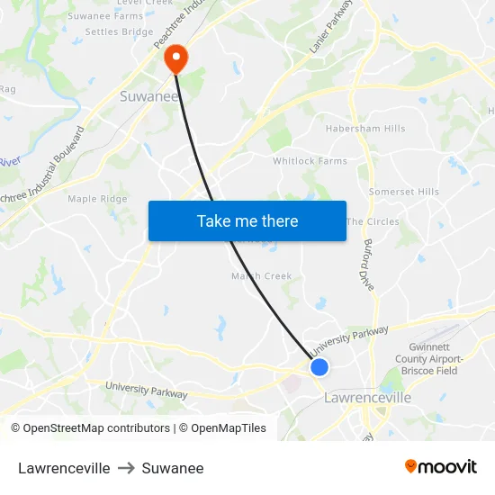 Lawrenceville to Suwanee map