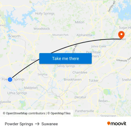 Powder Springs to Suwanee map