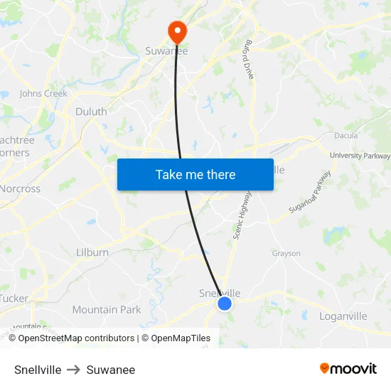 Snellville to Suwanee map