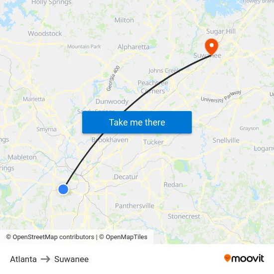 Atlanta to Suwanee map