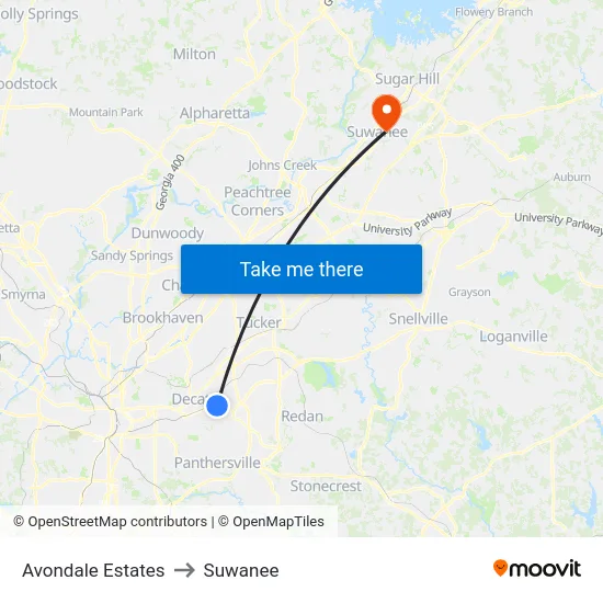 Avondale Estates to Suwanee map