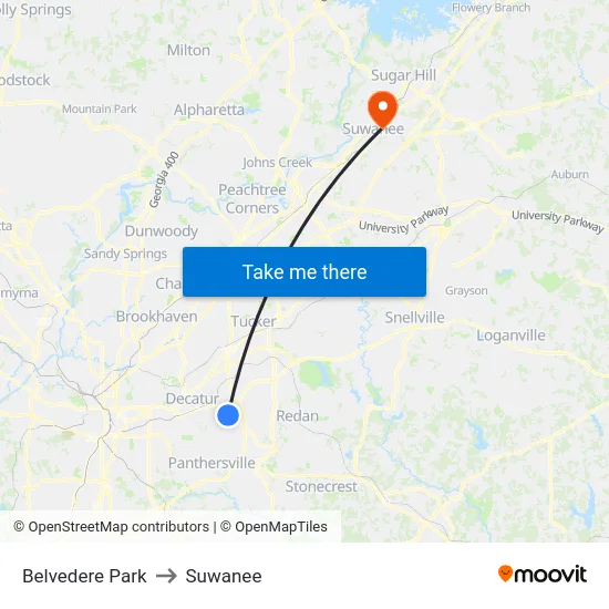 Belvedere Park to Suwanee map