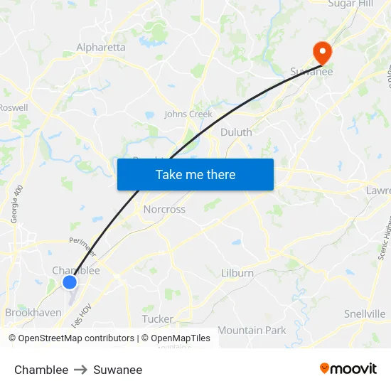 Chamblee to Suwanee map