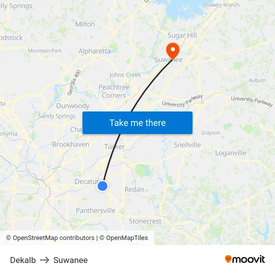 Dekalb to Suwanee map