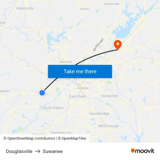 Douglasville to Suwanee map
