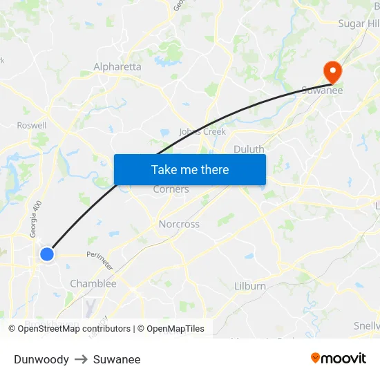 Dunwoody to Suwanee map