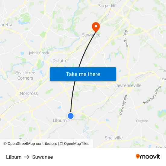 Lilburn to Suwanee map