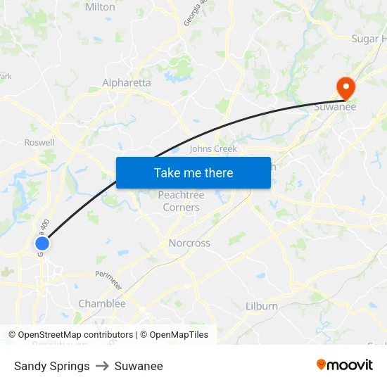 Sandy Springs to Suwanee map
