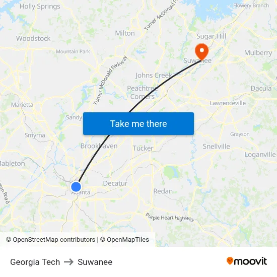 Georgia Tech to Suwanee map