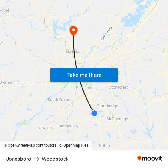 Jonesboro to Woodstock map