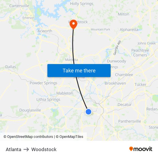 Atlanta to Woodstock map