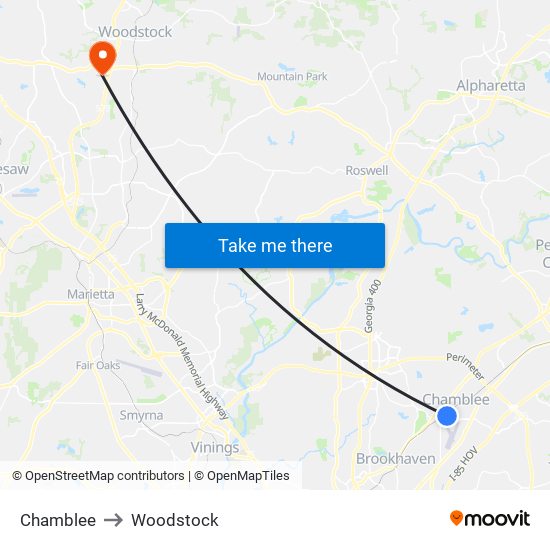 Chamblee to Woodstock map