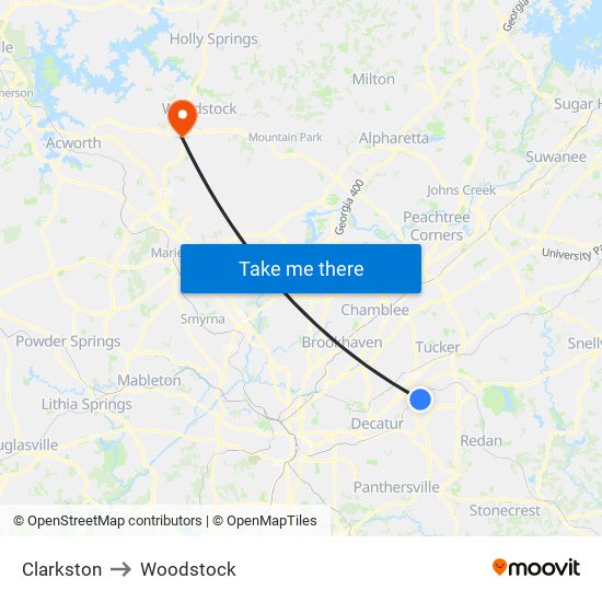 Clarkston to Woodstock map