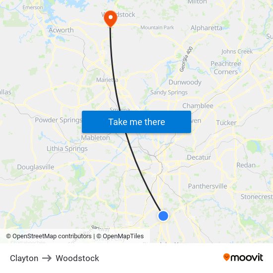 Clayton to Woodstock map