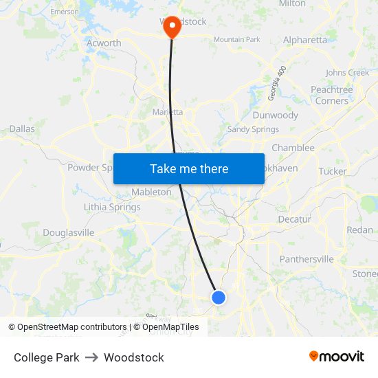 College Park to Woodstock map