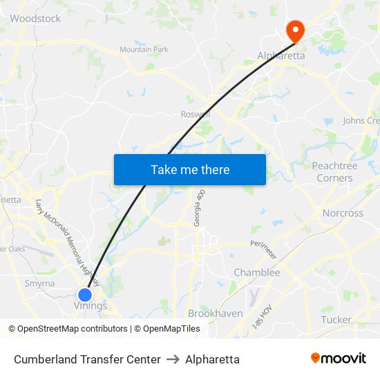 Cumberland Transfer Center to Alpharetta map