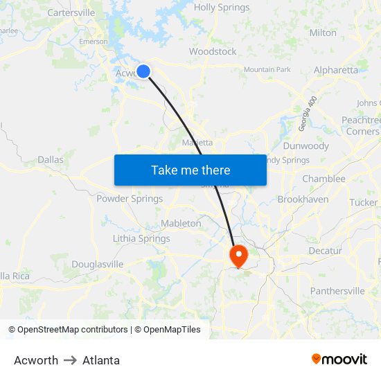 Acworth to Atlanta map