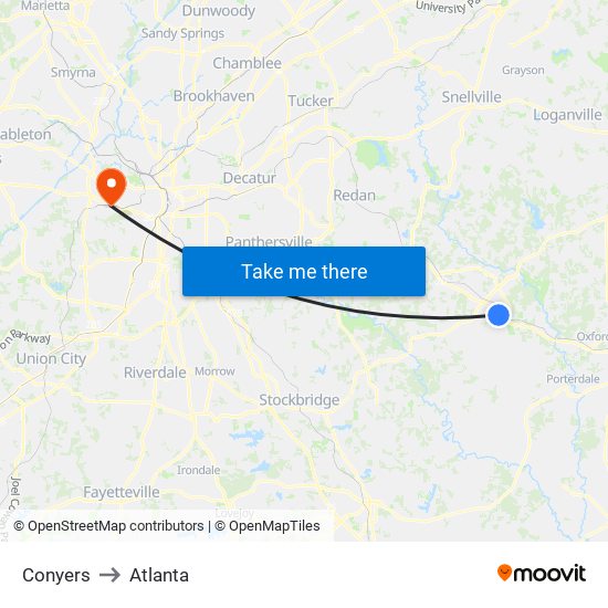 Conyers to Atlanta map