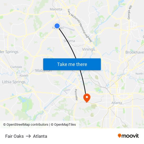 Fair Oaks to Atlanta map