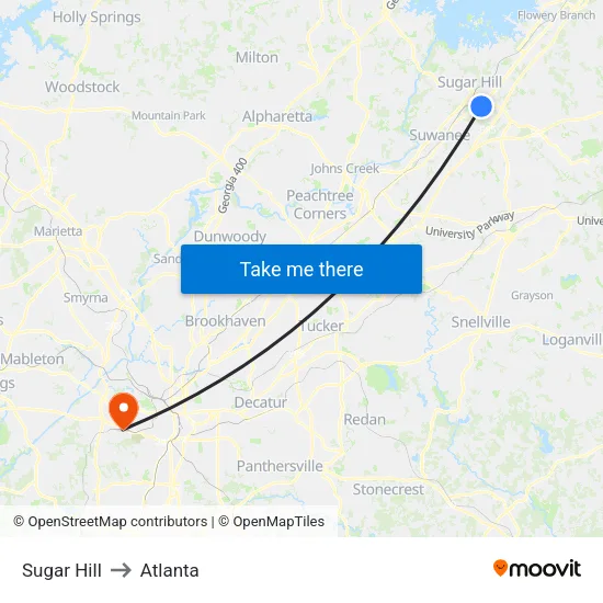 Sugar Hill to Atlanta map
