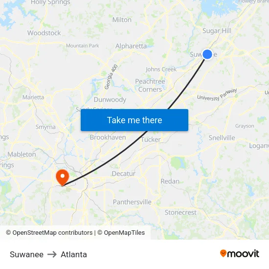 Suwanee to Atlanta map