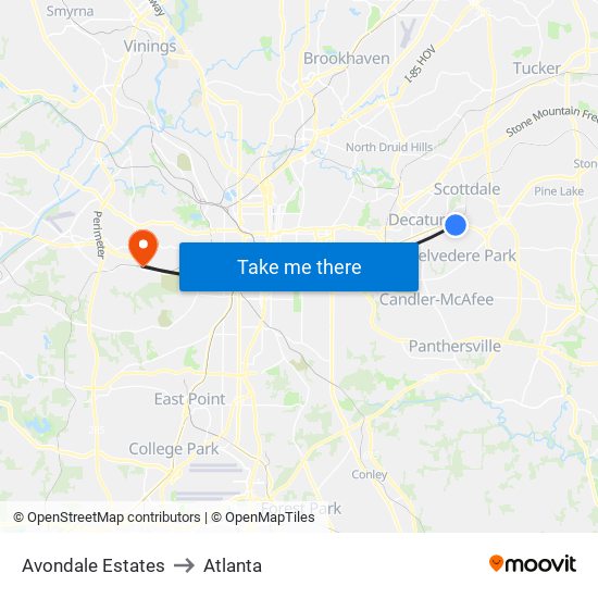 Avondale Estates to Atlanta map